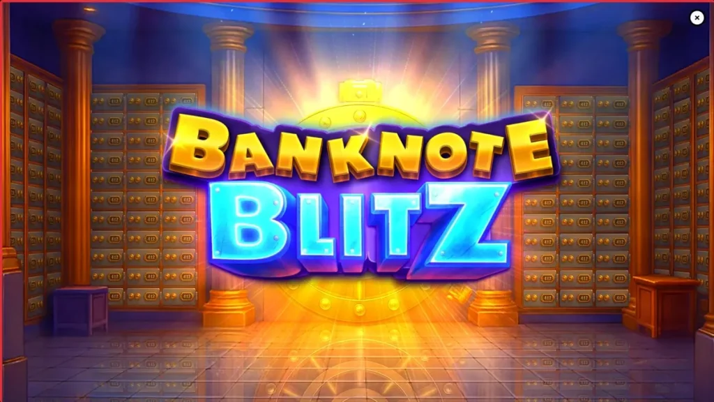 Tampilan visual slot Banknote Blitz dengan tema brankas bank mewah dan bingkai kemenangan bercahaya.